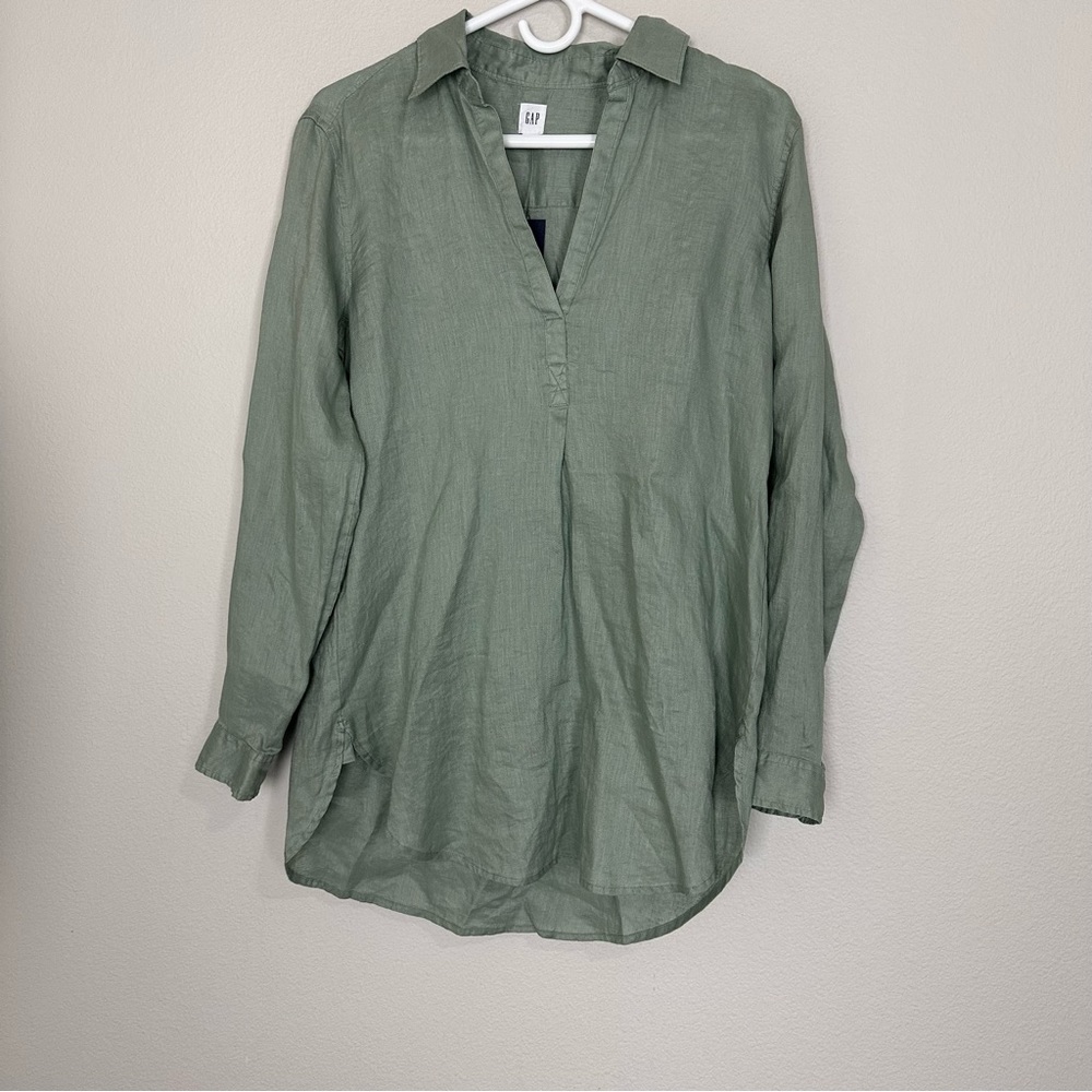 Gap 100% Linen Tunic Blouse Top Relaxed Breathable Long Sleeve Green Siz…